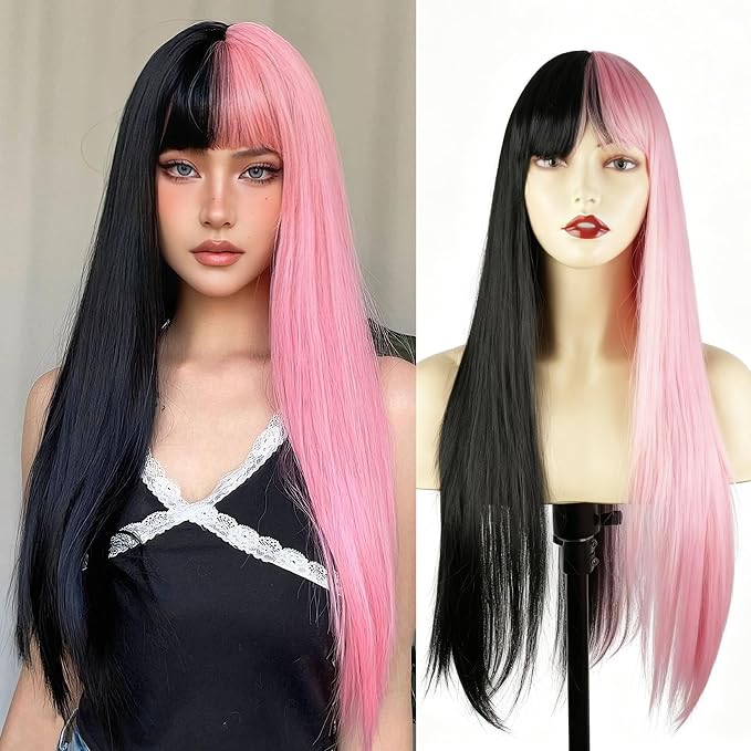 Half Pink Long Straight Wig With Bangs BE52