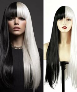Half White Black Long Straight Wig With Bangs BE53