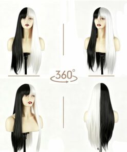 Alternative view of Half White Black Long Straight Wig With Bangs BE53