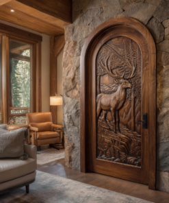 Carved Deer and Mountain Landscape Solid Wood Arched Single Door