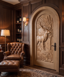 Alternative view of Carved Deer and Mountain Landscape Solid Wood Arched Single Door