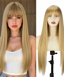 Honey Blonde Long Straight Wig With Bangs BE54
