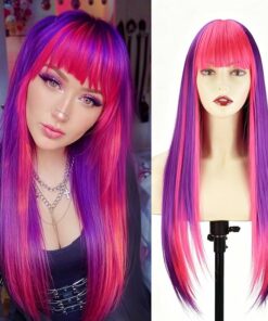 Hot Pink-Purple Long Straight Wig With Bangs BE55