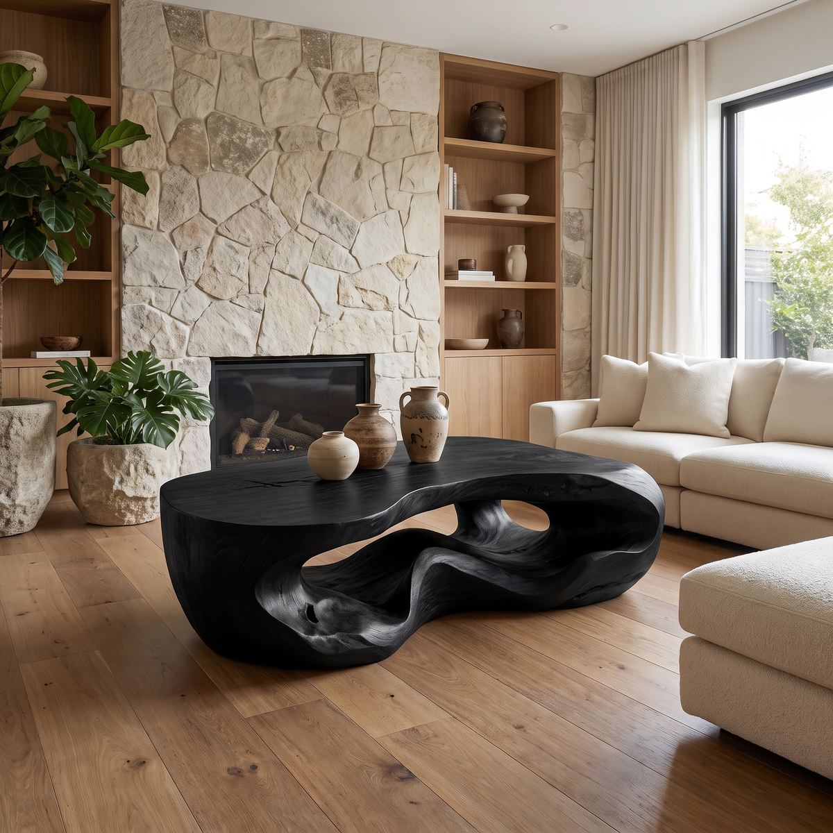 Freeform Sculpted Solid Hardwood Coffee Table with Carved Base - Image 7