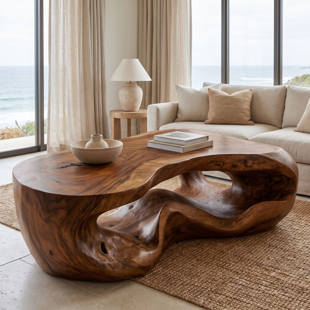 Freeform Sculpted Solid Hardwood Coffee Table with Carved Base - Image 5