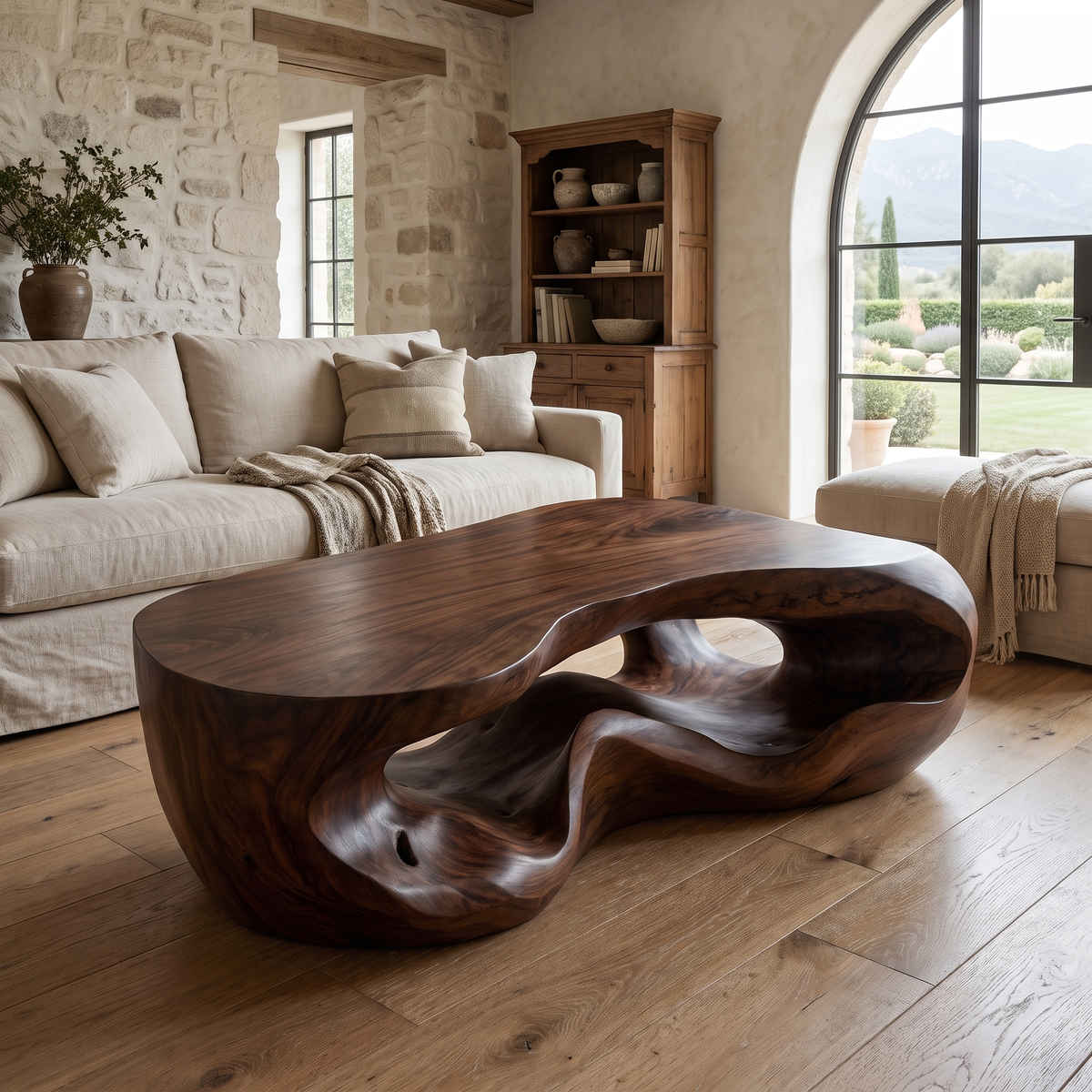 Freeform Sculpted Solid Hardwood Coffee Table with Carved Base - Image 6
