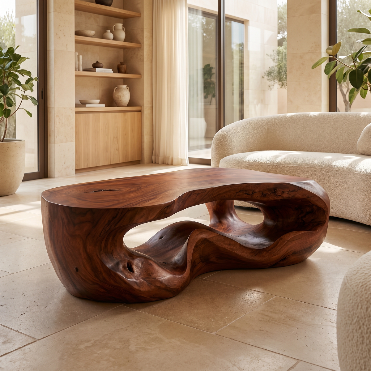 Freeform Sculpted Solid Hardwood Coffee Table with Carved Base - Image 4