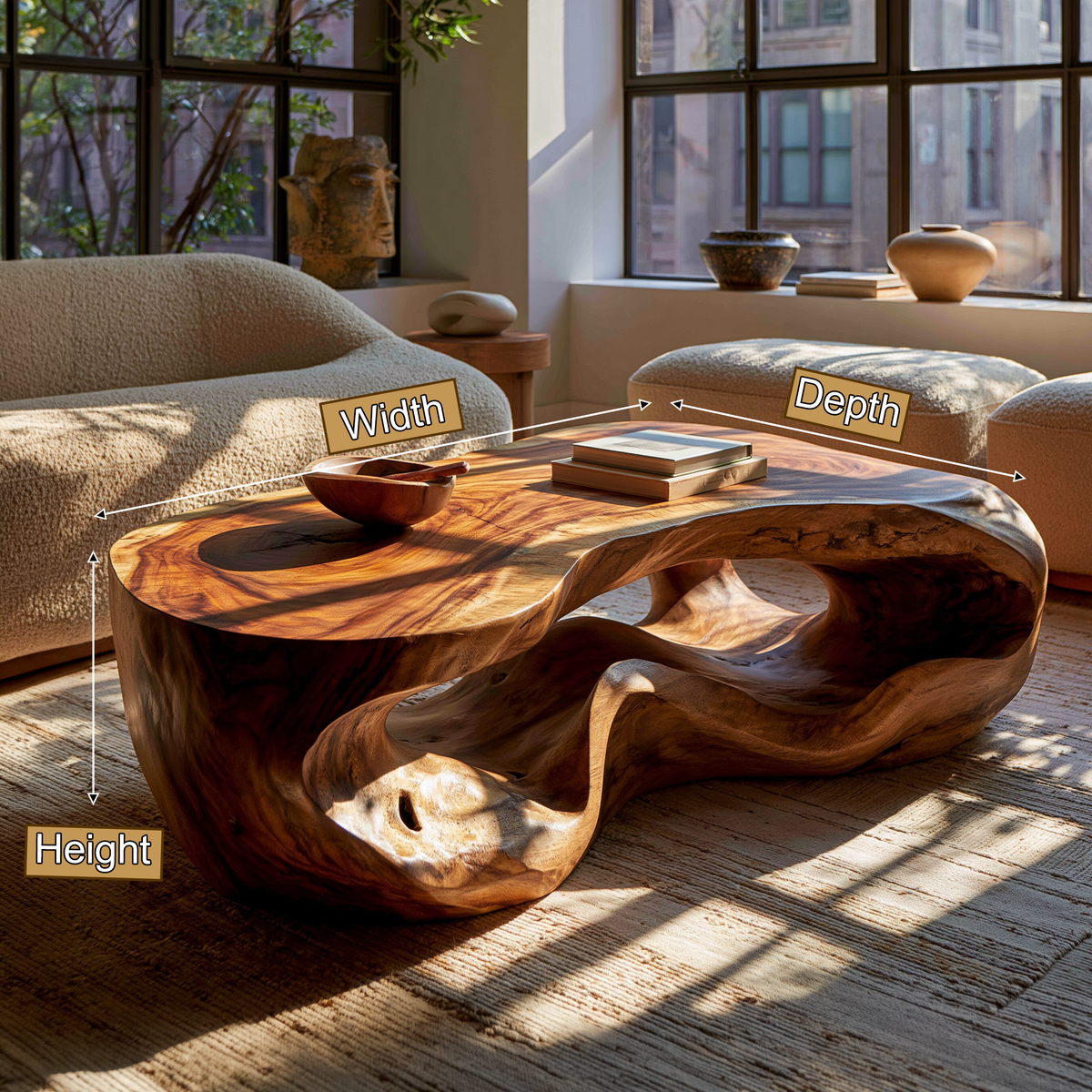 Freeform Sculpted Solid Hardwood Coffee Table with Carved Base - Image 8
