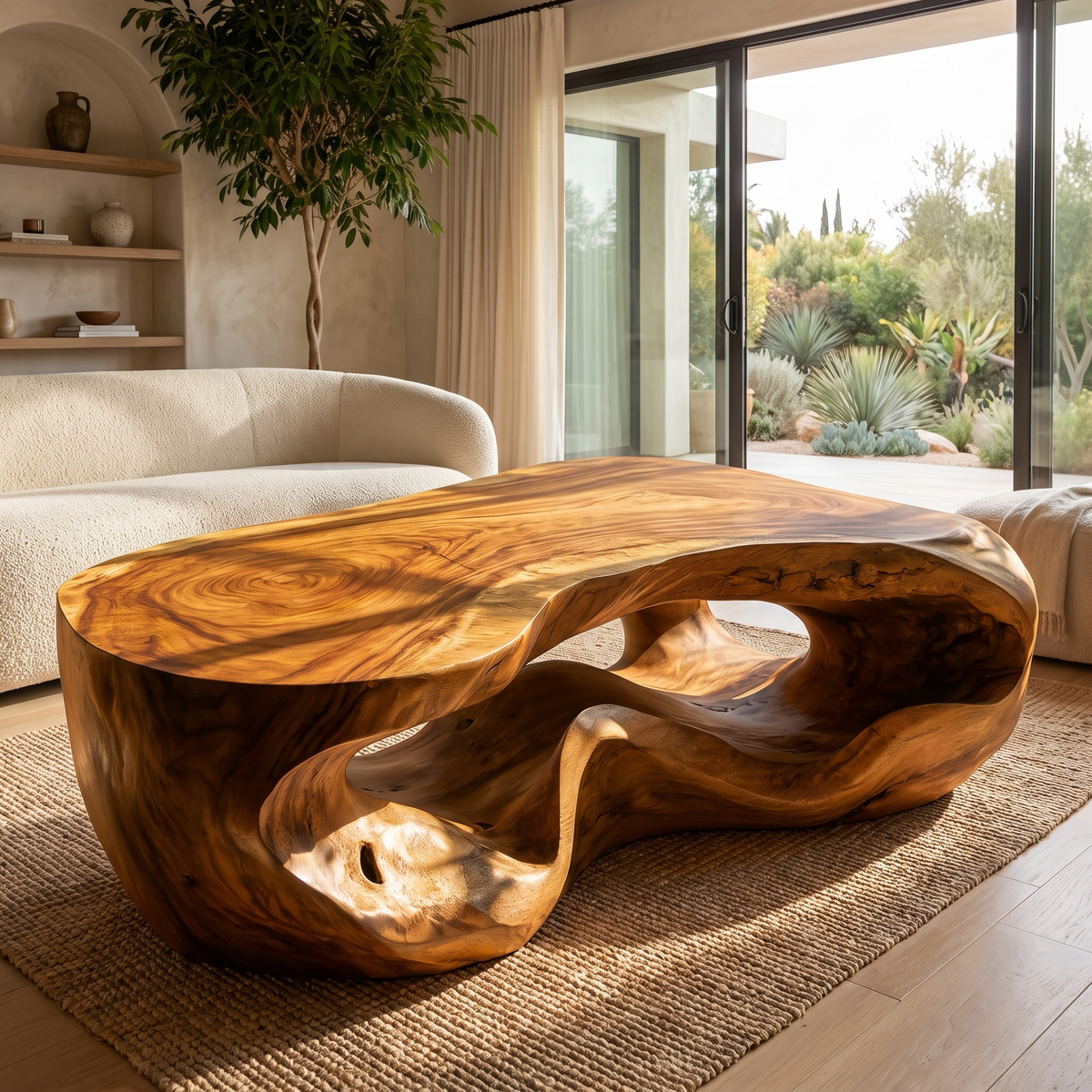 Freeform Sculpted Solid Hardwood Coffee Table with Carved Base - Image 3