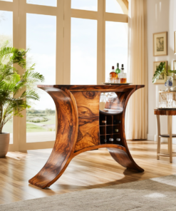Solid Wood Sculptural Bar Cabinet with Wine and Stemware Storage