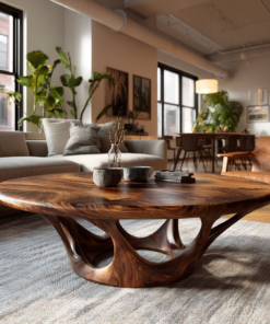 Sculpted Solid Wood Round Coffee Table with Hollowed Base