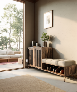 Alternative view of Solid Wood Entryway Bench and Shoe Rack with Slatted Low Cabinet