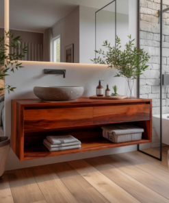 Alternative view of Japandi Solid Wood Floating Bathroom Vanity with Hidden Drawers