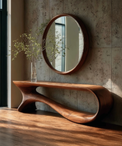 Mid-Century Curved Solid Wood Console Table for Hallways