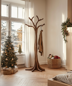 Rustic Solid Wood Tree Branch Coat Rack with Tripod Base