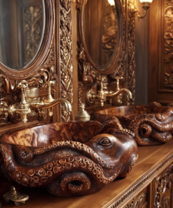 Alternative view of Hand-Carved Solid Wood Octopus Vessel Sink with Sculpted Tentacles