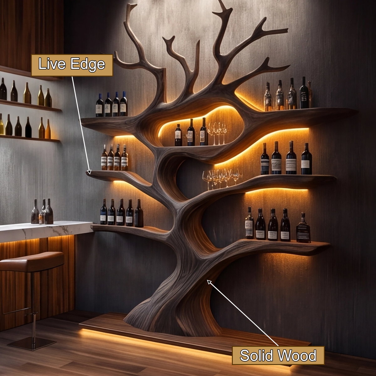 Illuminated Solid Hardwood Tree Wine Rack with LED Backlight - Image 2