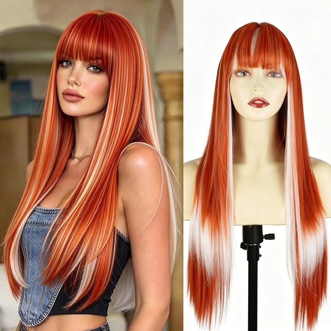Orange Fashion Long Straight Wig With Bangs BE50