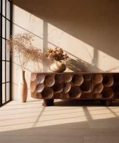 Sculpted Solid Walnut Sideboard Cabinet with Carved Concave Doors