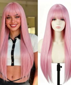 Pink Long Straight Wig With Bangs BE44