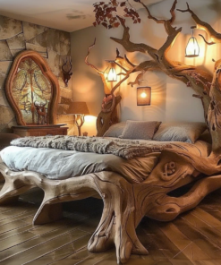 Alternative view of Rustic Solid Wood Bed Frame with Curved Lines, Queen or King
