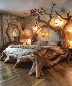 Rustic Solid Wood Bed Frame with Curved Lines, Queen or King