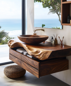 Live Edge Floating Bathroom Vanity with Drawers and Wood Vessel Sink