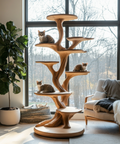 Sculpted Solid Wood Tree-Inspired Cat Tree with Staggered Platforms