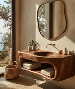 Solid Wood Floating Bathroom Vanity with Carved Integrated Sink
