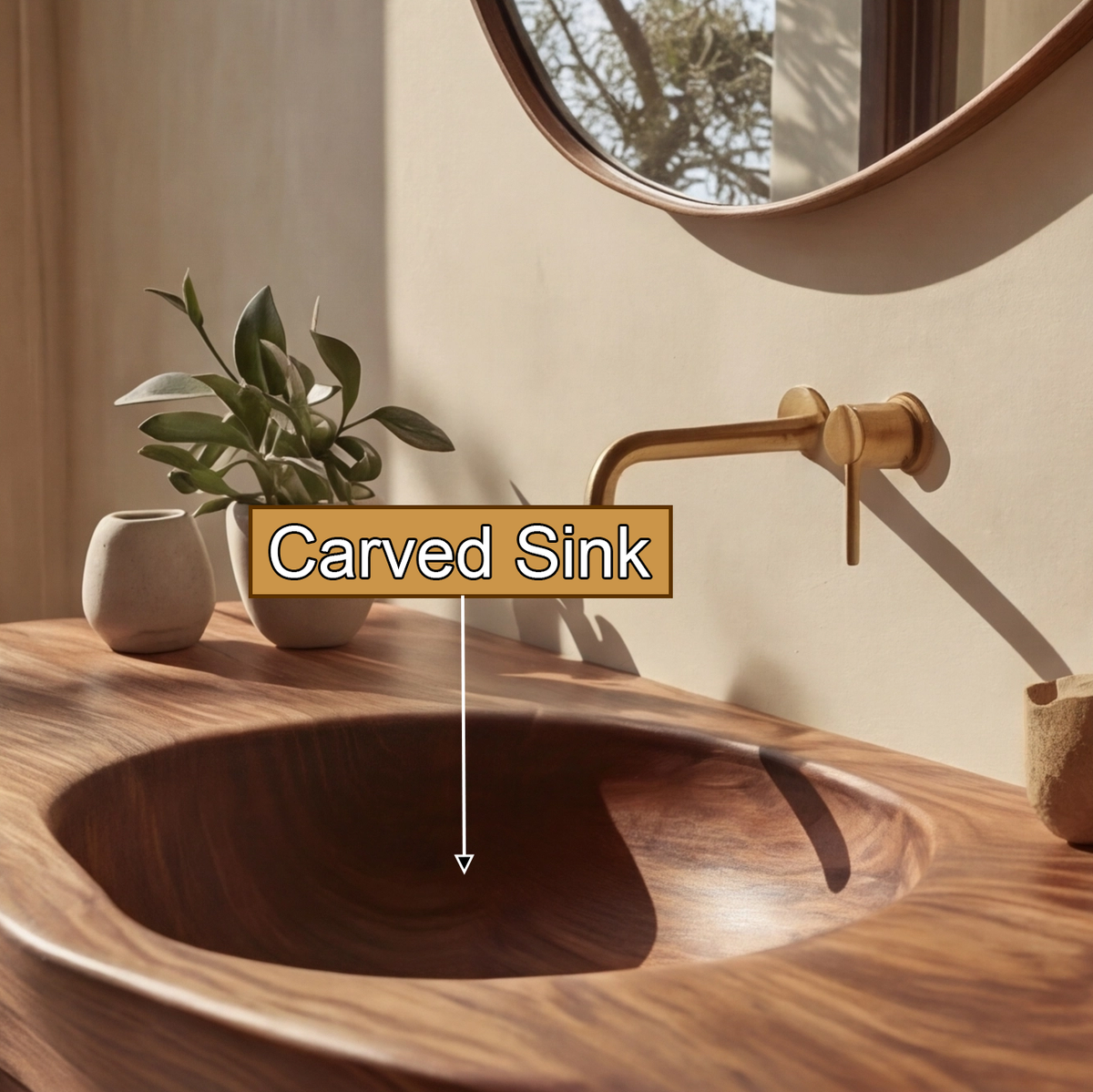 Solid Wood Floating Bathroom Vanity with Carved Integrated Sink - Image 4