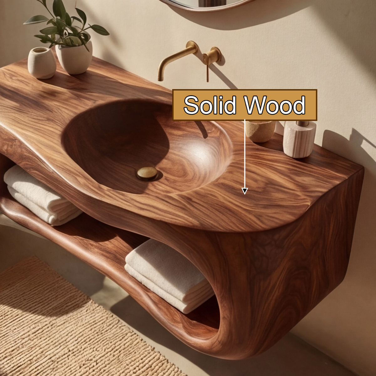 Solid Wood Floating Bathroom Vanity with Carved Integrated Sink - Image 3