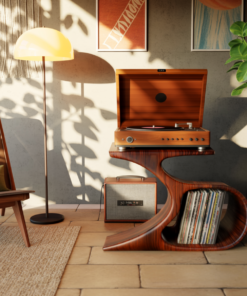 Sculpted Solid Wood Record Player Stand with Curved Vinyl Storage