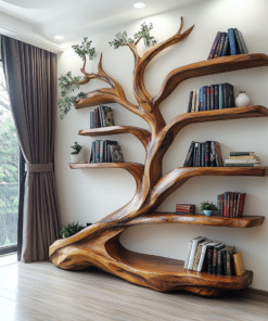 Leaning Tree Live Edge Solid Wood Bookshelf, Floor Standing