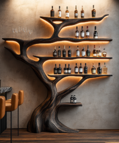 Solid Hardwood Tree Wine Rack with Integrated LED Backlighting