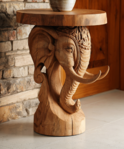 Elephant Carved Solid Hardwood Pedestal Stand with Round Top