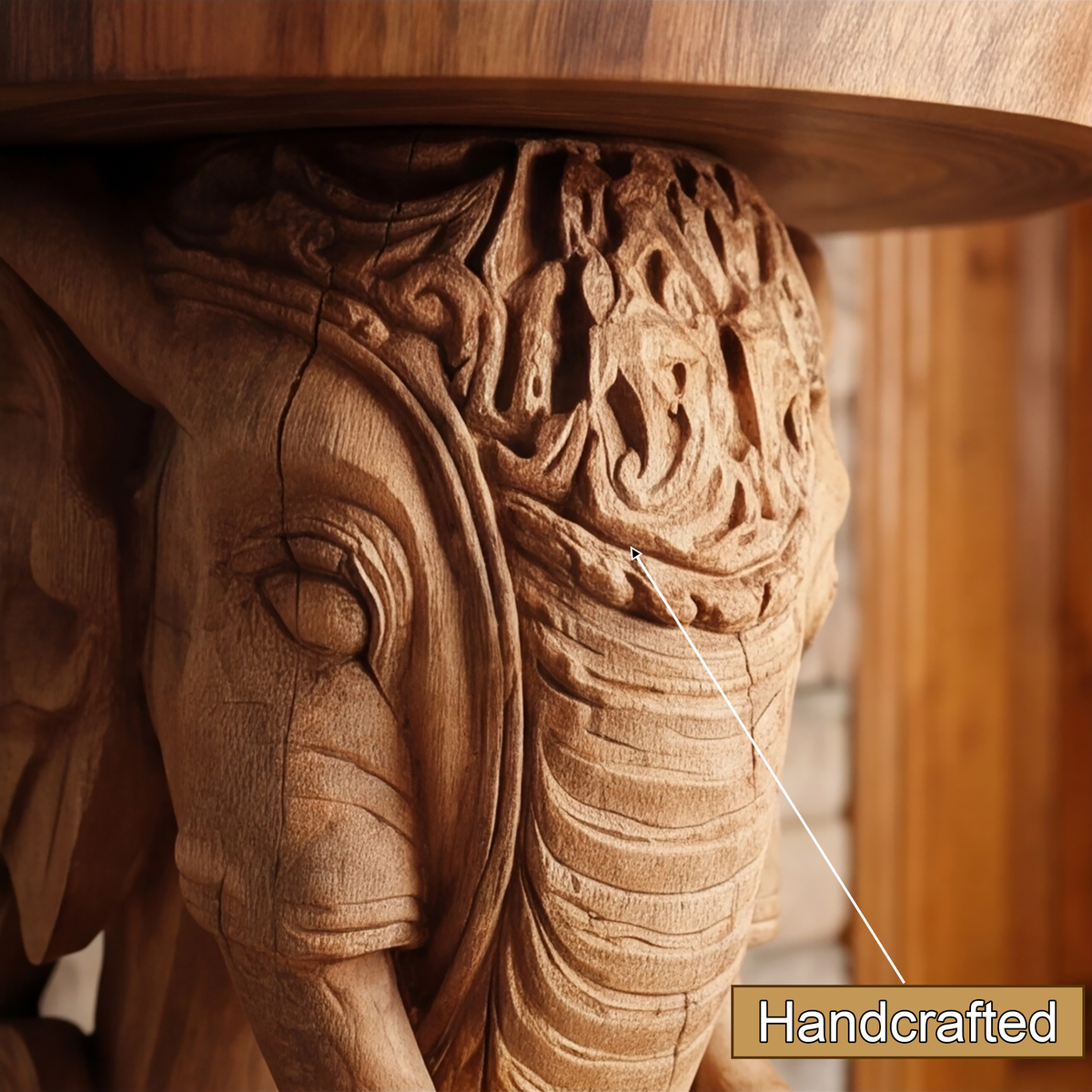 Elephant Carved Solid Hardwood Pedestal Stand with Round Top - Image 4