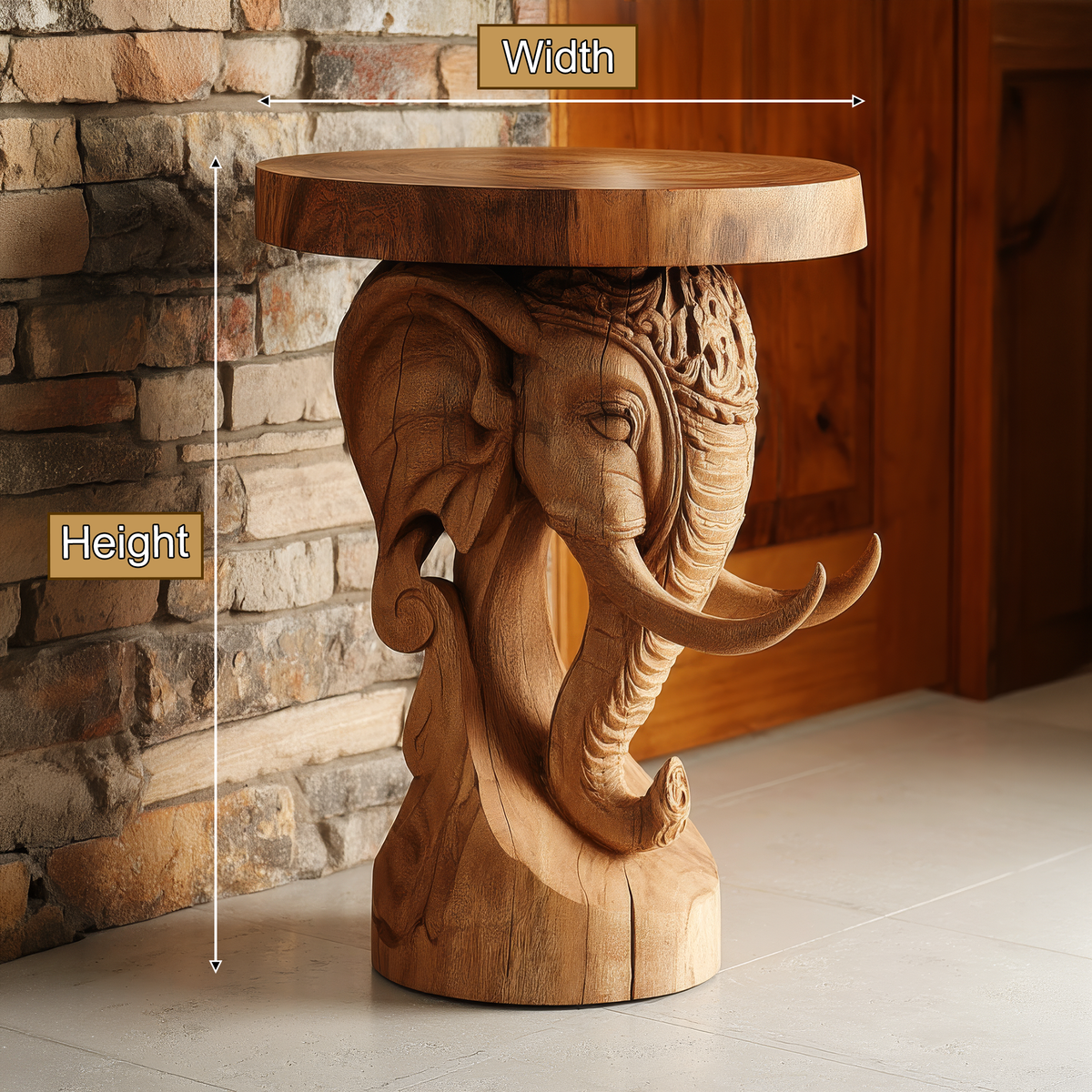Elephant Carved Solid Hardwood Pedestal Stand with Round Top - Image 2
