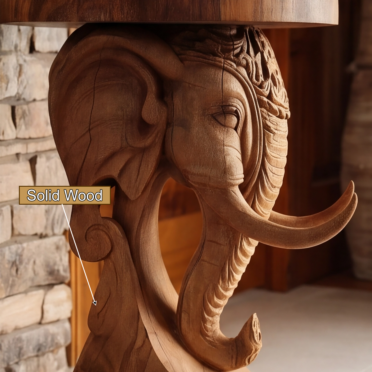 Elephant Carved Solid Hardwood Pedestal Stand with Round Top - Image 3