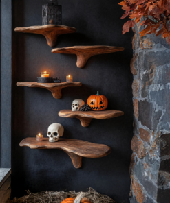 Live Edge Solid Wood Mushroom Floating Shelf, Mid-Century Style
