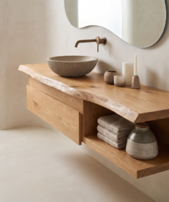 Alternative view of Floating Live Edge Hardwood Vanity with Drawers and Open Shelf