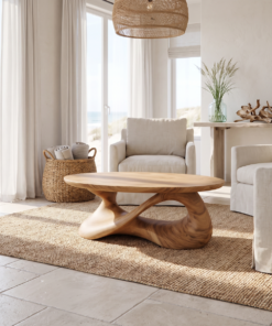 Alternative view of Round Sculpted Solid Wood Coffee Table with Pedestal Base