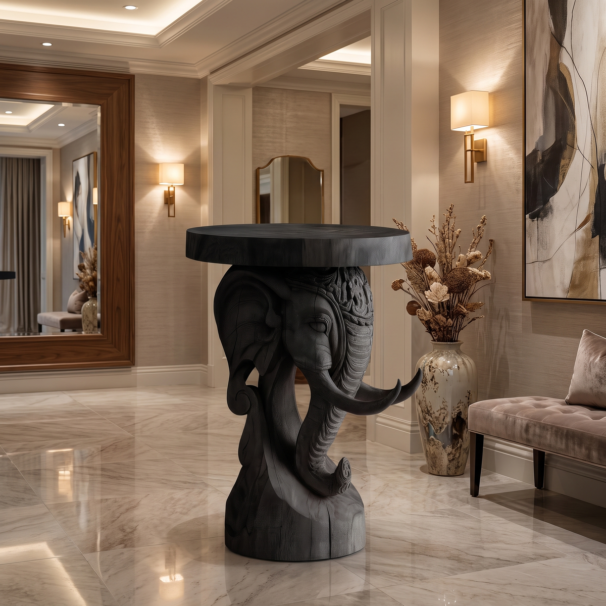 Elephant Carved Solid Hardwood Pedestal Stand with Round Top - Image 6