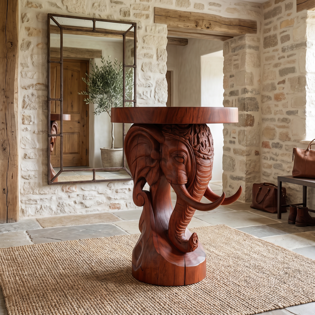 Elephant Carved Solid Hardwood Pedestal Stand with Round Top - Image 8
