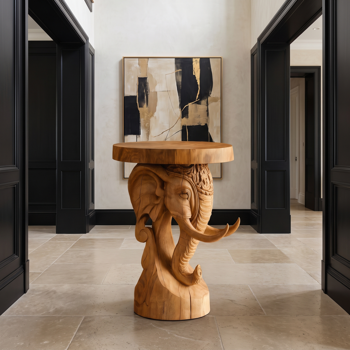 Elephant Carved Solid Hardwood Pedestal Stand with Round Top - Image 7
