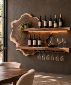 Live Edge Floating Wine Shelf with Back Panel and Stemware Rack