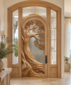 Alternative view of Carved Tree Relief Solid Wood Arched Door with Textured Glass