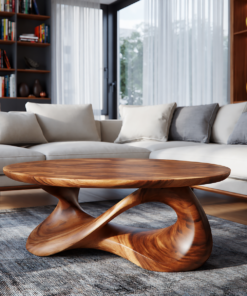 Round Sculpted Solid Wood Coffee Table with Pedestal Base