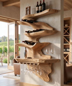 Alternative view of Live Edge Solid Wood Floating Wine Shelf in Stepped Tiers