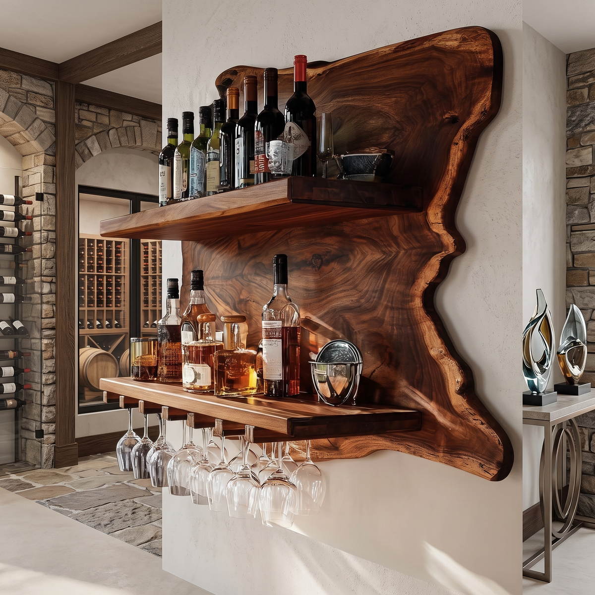 Live Edge Wood Wall Wine Shelf with Integrated Stemware Rack - Image 5