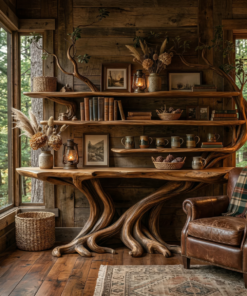 Tree Root Solid Wood Console Table with Live Edge Wall Shelves